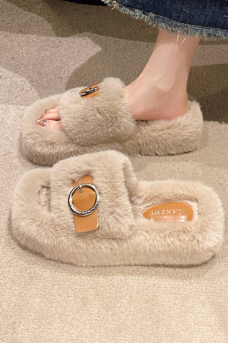 BUCKLE DECOR CRISS CROSS FLUFFY BEDROOM SLIPPERS_CWSHS0224