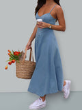 V-Neck Halter Strap Elastic Denim Long Dress