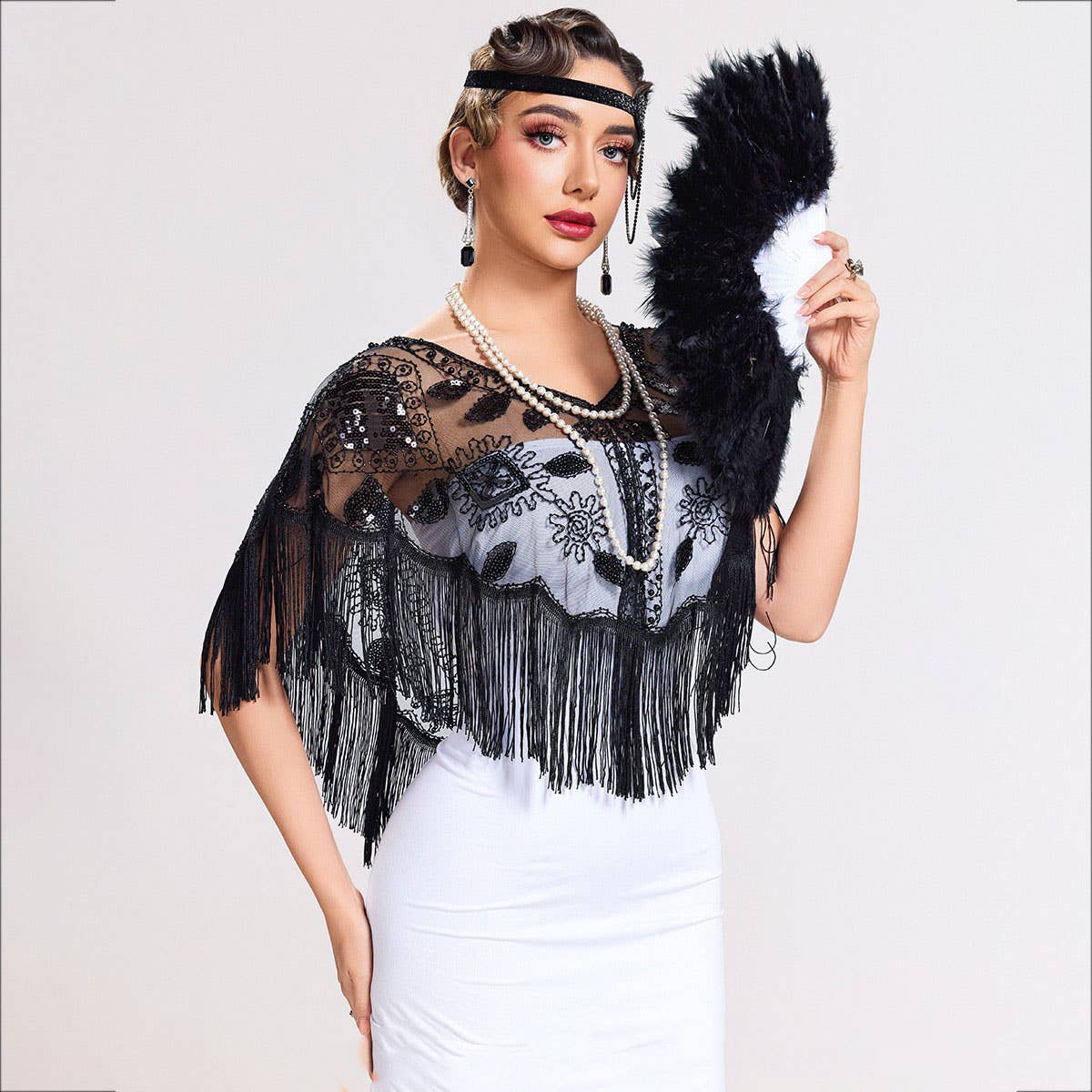 Vintage Sequin Fringe Cape Party Dress Shawl_Cwmm8959
