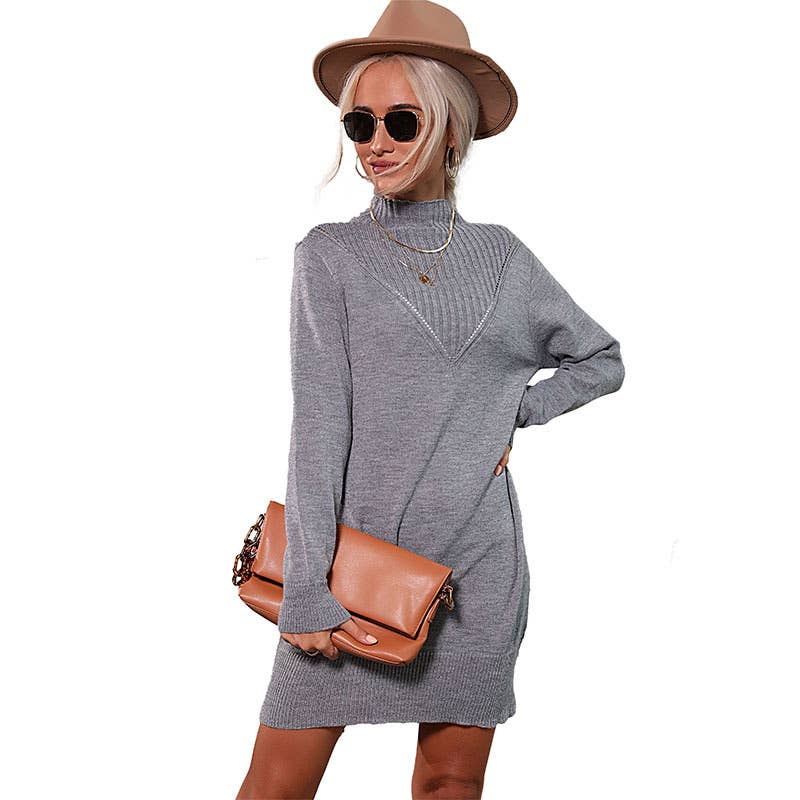 Solid-Color Semi-High Neck Long-Sleeved Dress