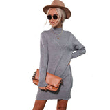 Solid-Color Semi-High Neck Long-Sleeved Dress