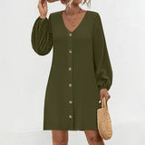 V-Neck Solid Color Lantern Sleeve Dress