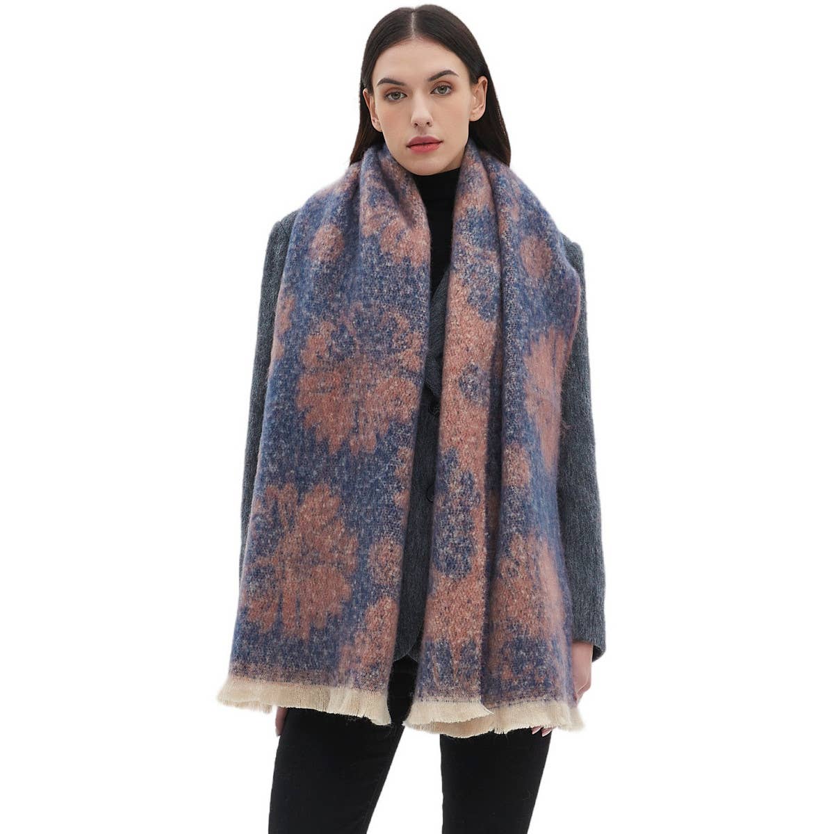 FLORAL JACQUARD SCARF WINTER SHORT FRINGE WRAP_CWASC1279