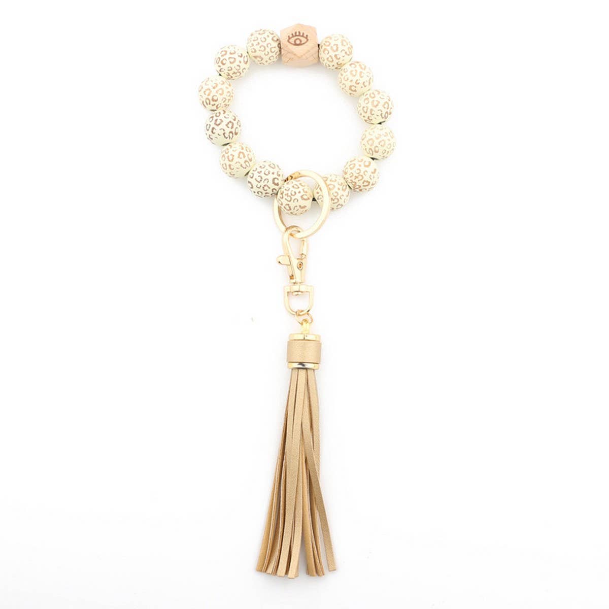 LEOPARD WOOD BEAD BRACELET KEYCHAIN WITH TASSEL_CWMM7016