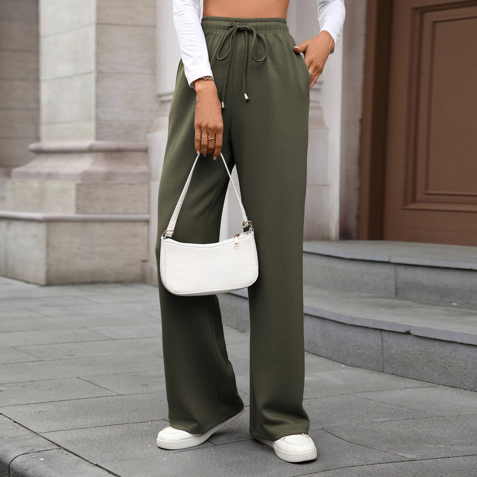 Solid Color Stretch Waist Loose Straight Pants