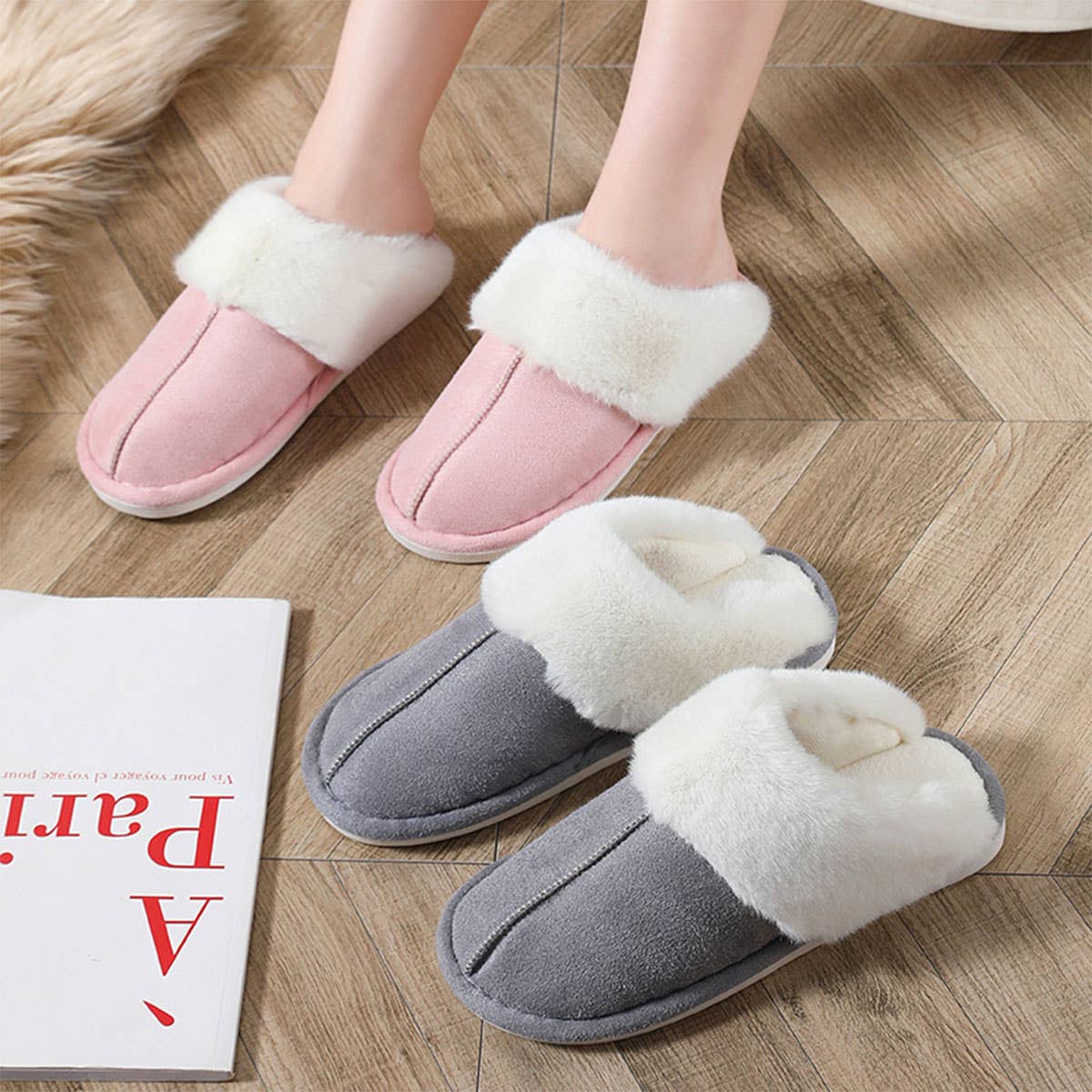 FAUX SUEDE FUZZY SLIPPERS WOMEN MEN_CWSHS0267