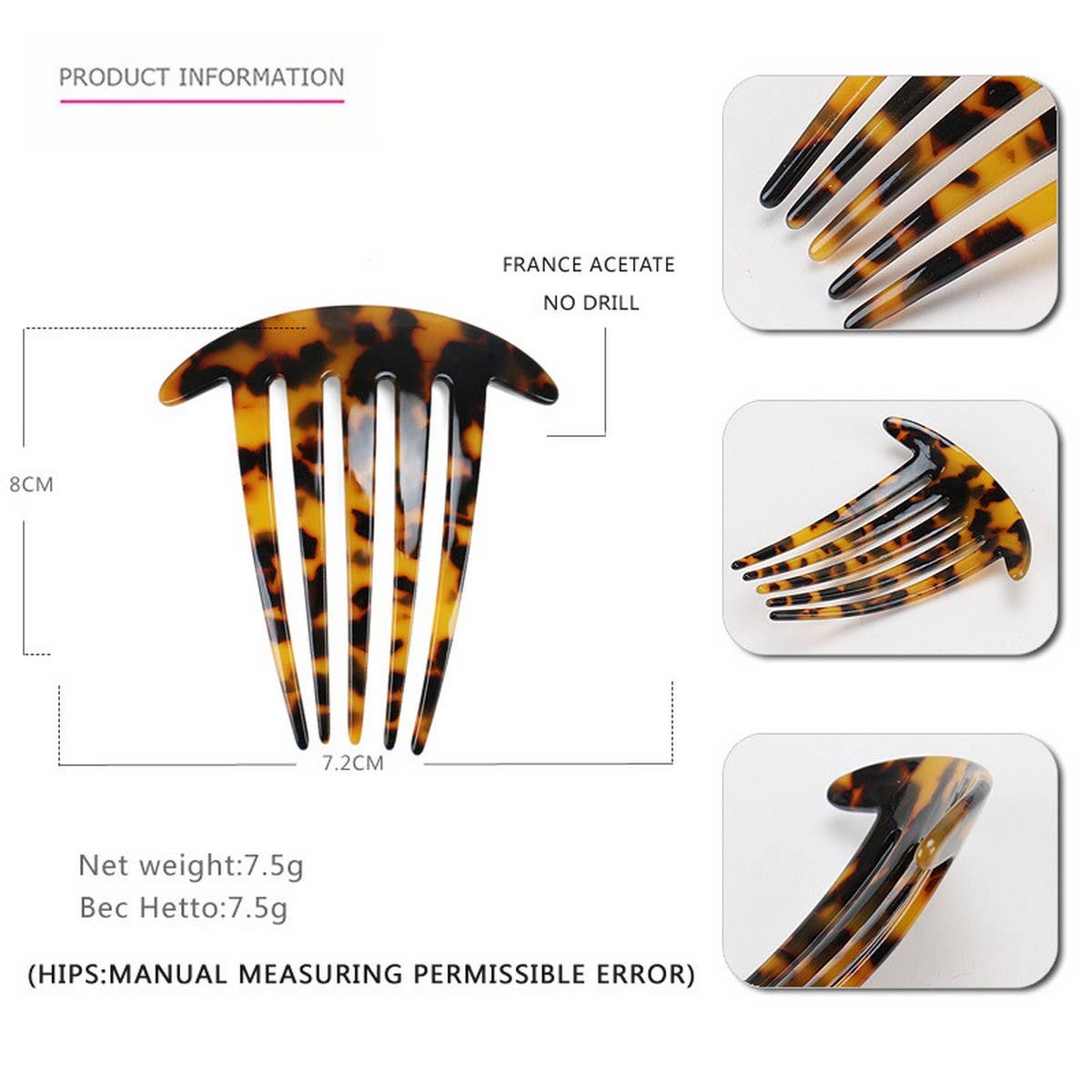 ACETATE PLATE HAIR COMB FIVE TOOTH HAIRACCESSORIES_CWAHA4216