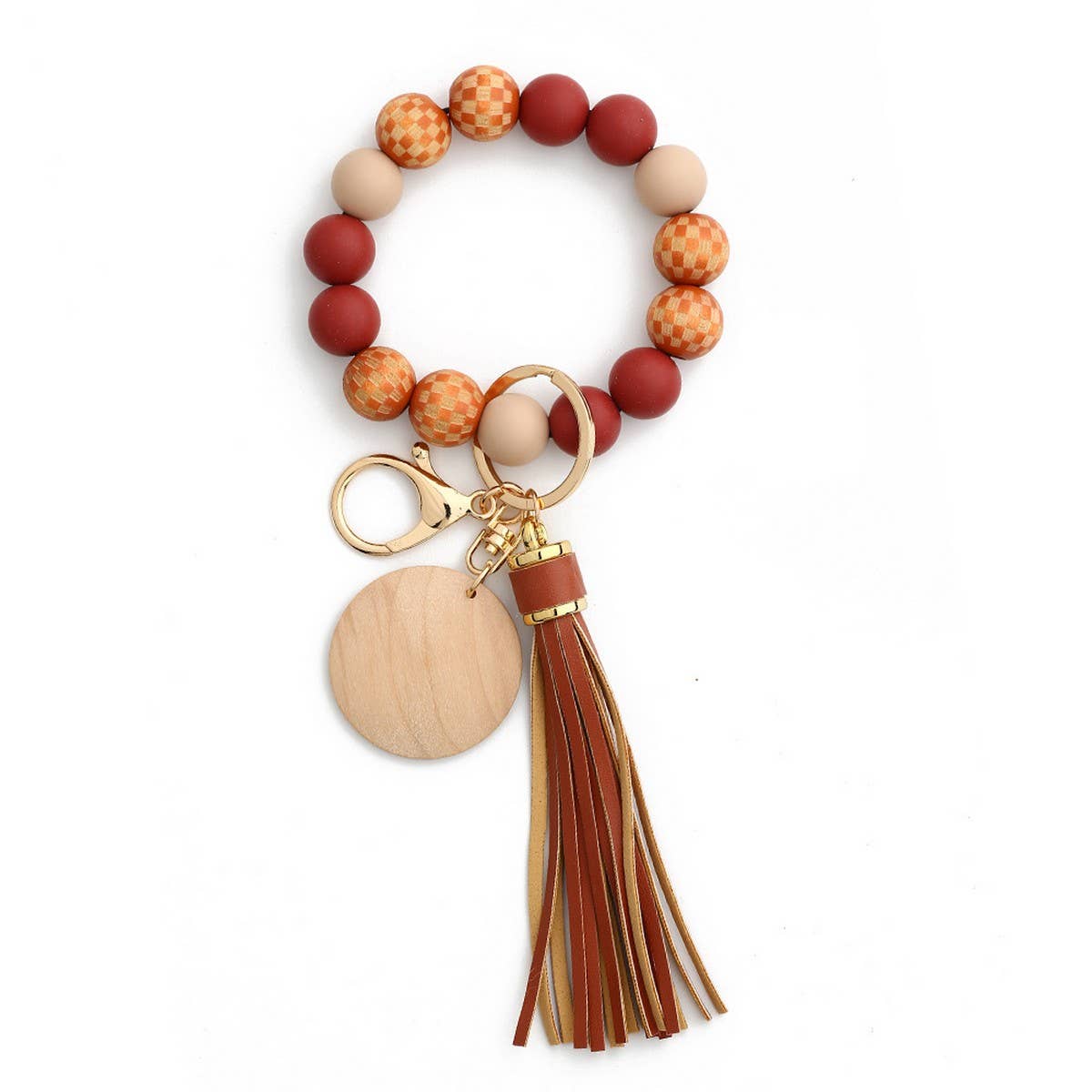 CHECKERBOARD WOOD BEAD BRACELET SILICONE KEYCHAIN_CWMM6877