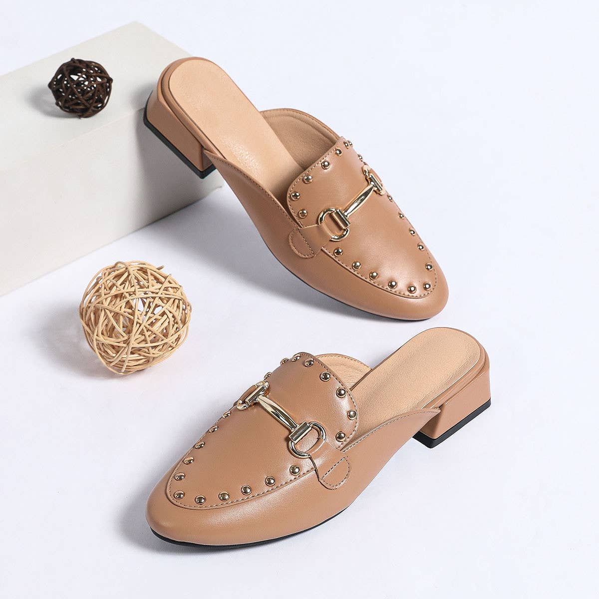 Versatile Mid-Heel Round Head Rivets Mules