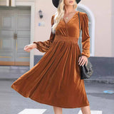 Solid Color V-Neck Pleated High-Waisted Dress