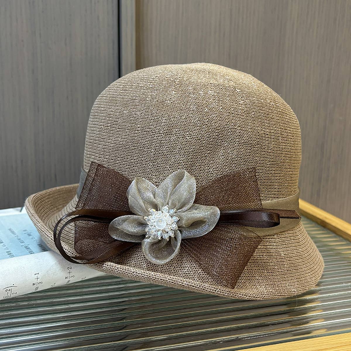 KNITTED SUNSHADE MESH FLOWER BOW BUCKET HAT_CWAH1212