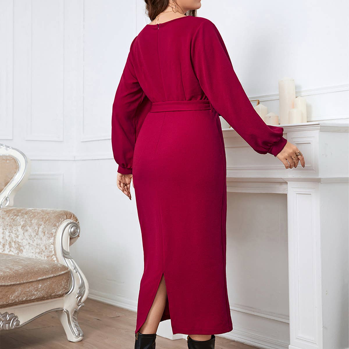 RED V NECK SLIM FIT LONG DRESS FOR FALL SPRING_CWDSD8473