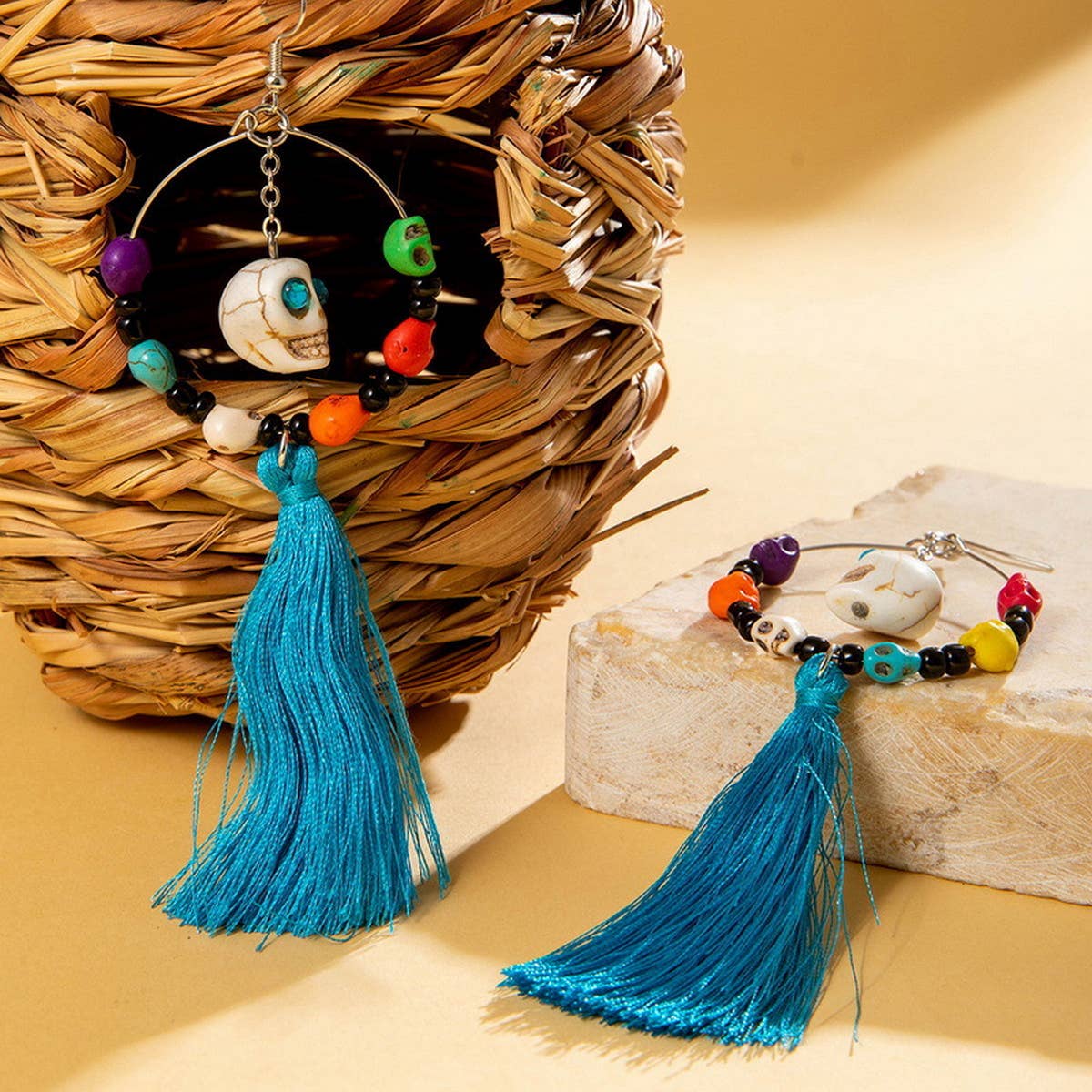 HALLOWEEN SKULL TASSEL RICE BEAD EARRINGS_CWAJE2411