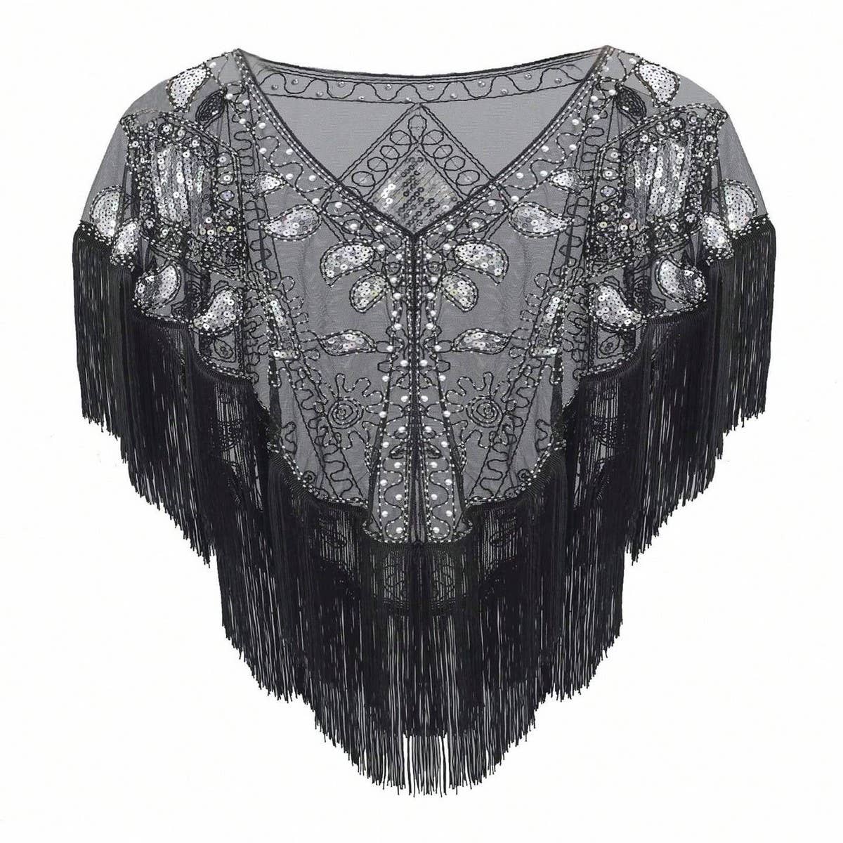 Vintage Sequin Fringe Cape Party Dress Shawl_Cwmm8959
