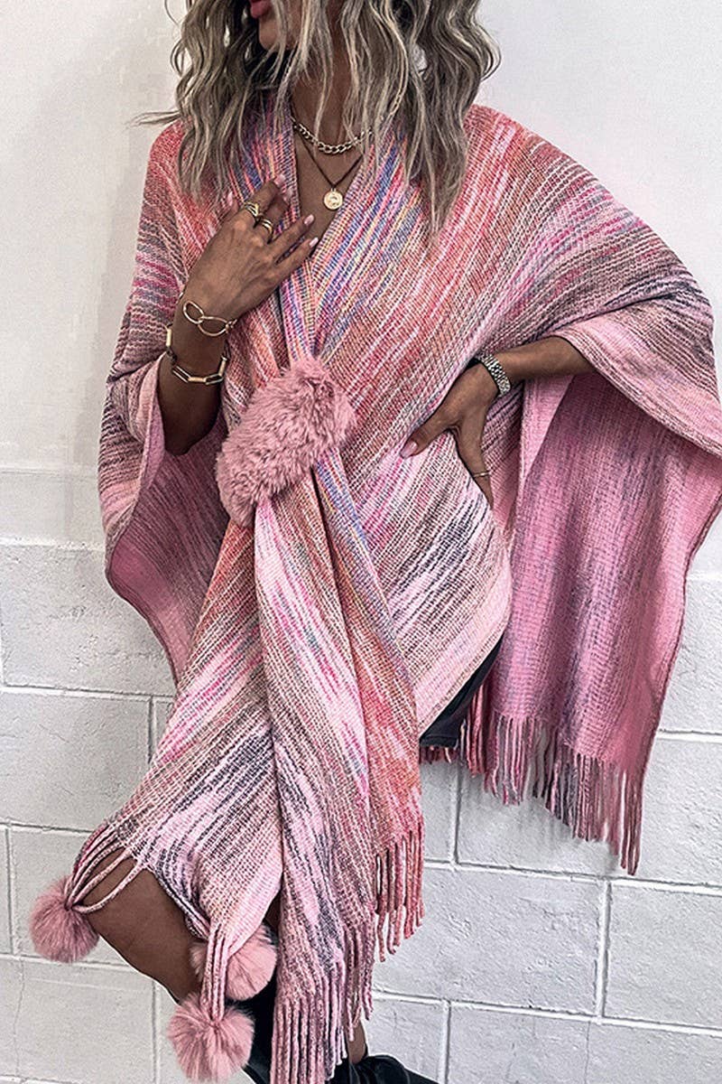 Cwocas0051_Contrast Color Pompom Tassel Knitted Shawl