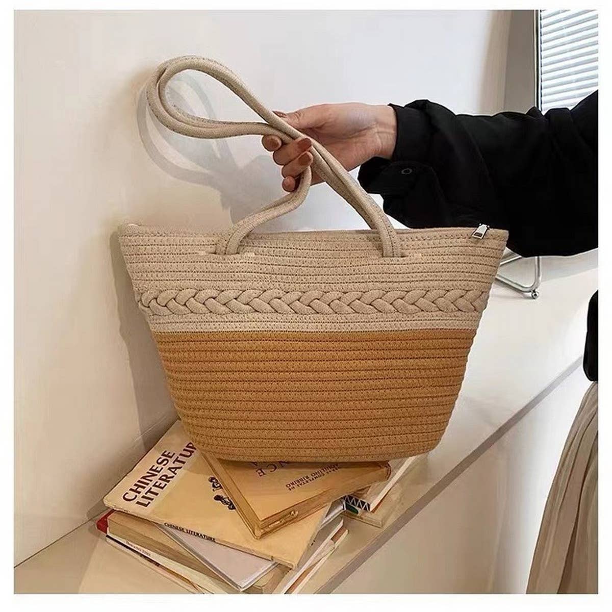 NEW COLOR BLOCK SINGLE SHOULDER STRAW BAG_CWAB1880