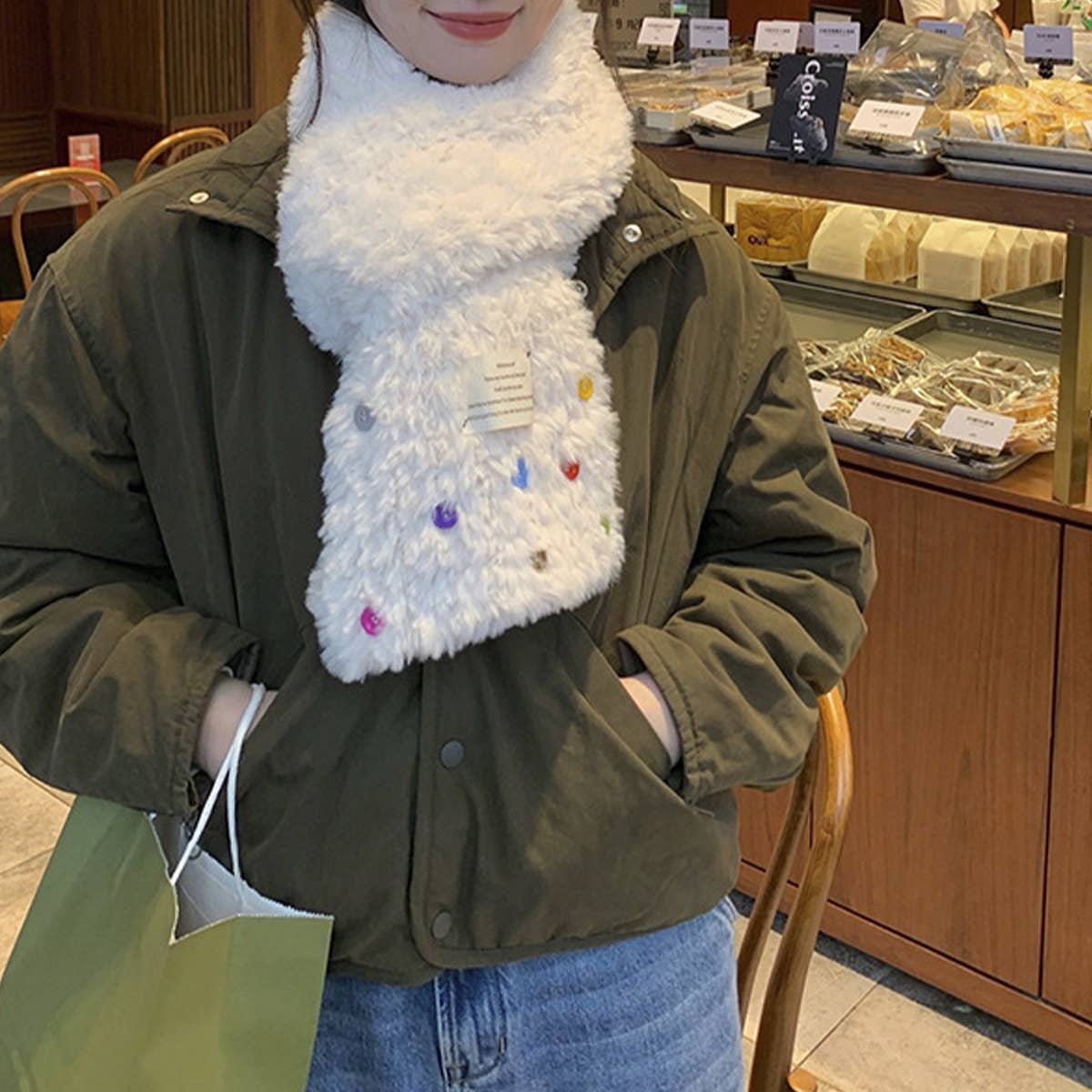 PLUSH SCARF COLORFUL BUTTON WINTER WARM NECKWRAP_CWASC1237