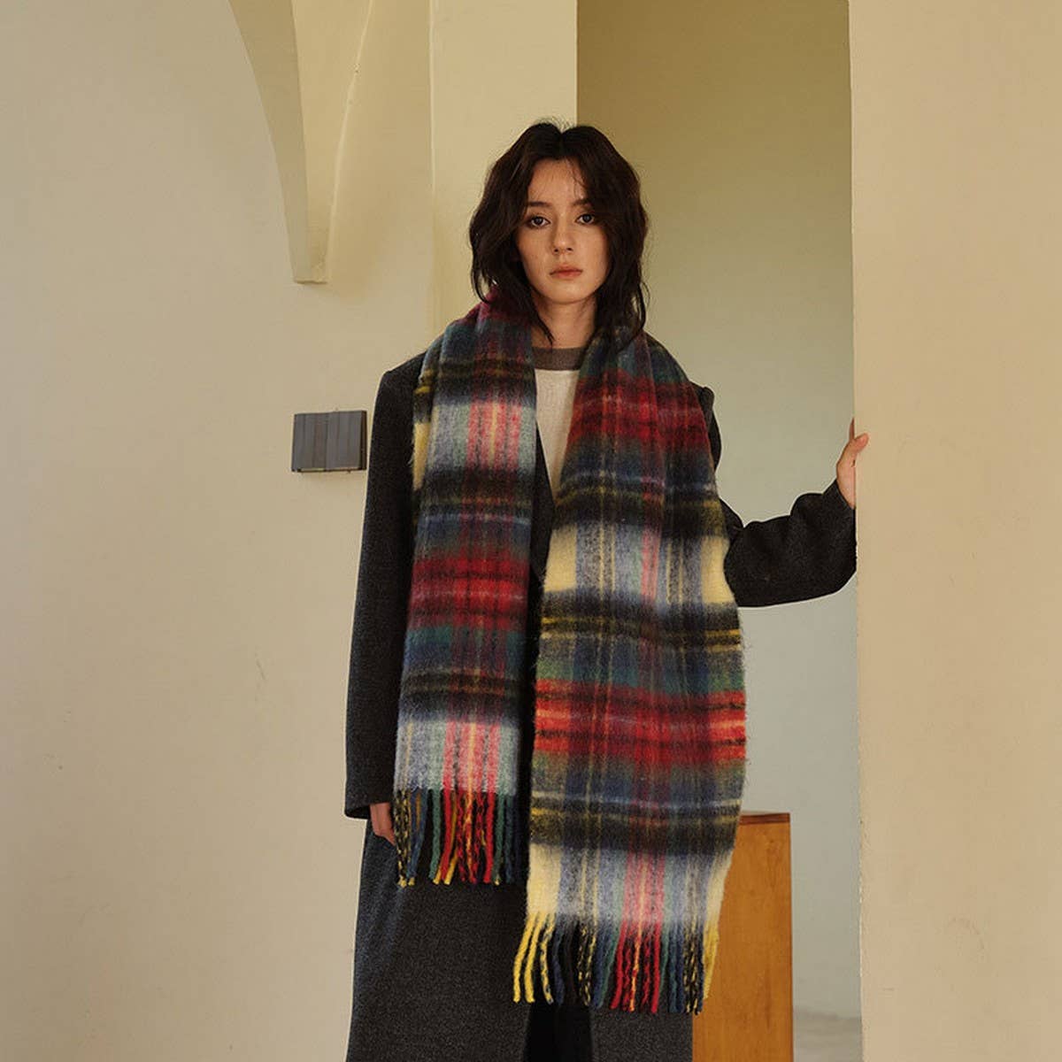 COLORBLOCK PLAID WOOL BLEND SCARF UNISEX WRAP_CWASC2300