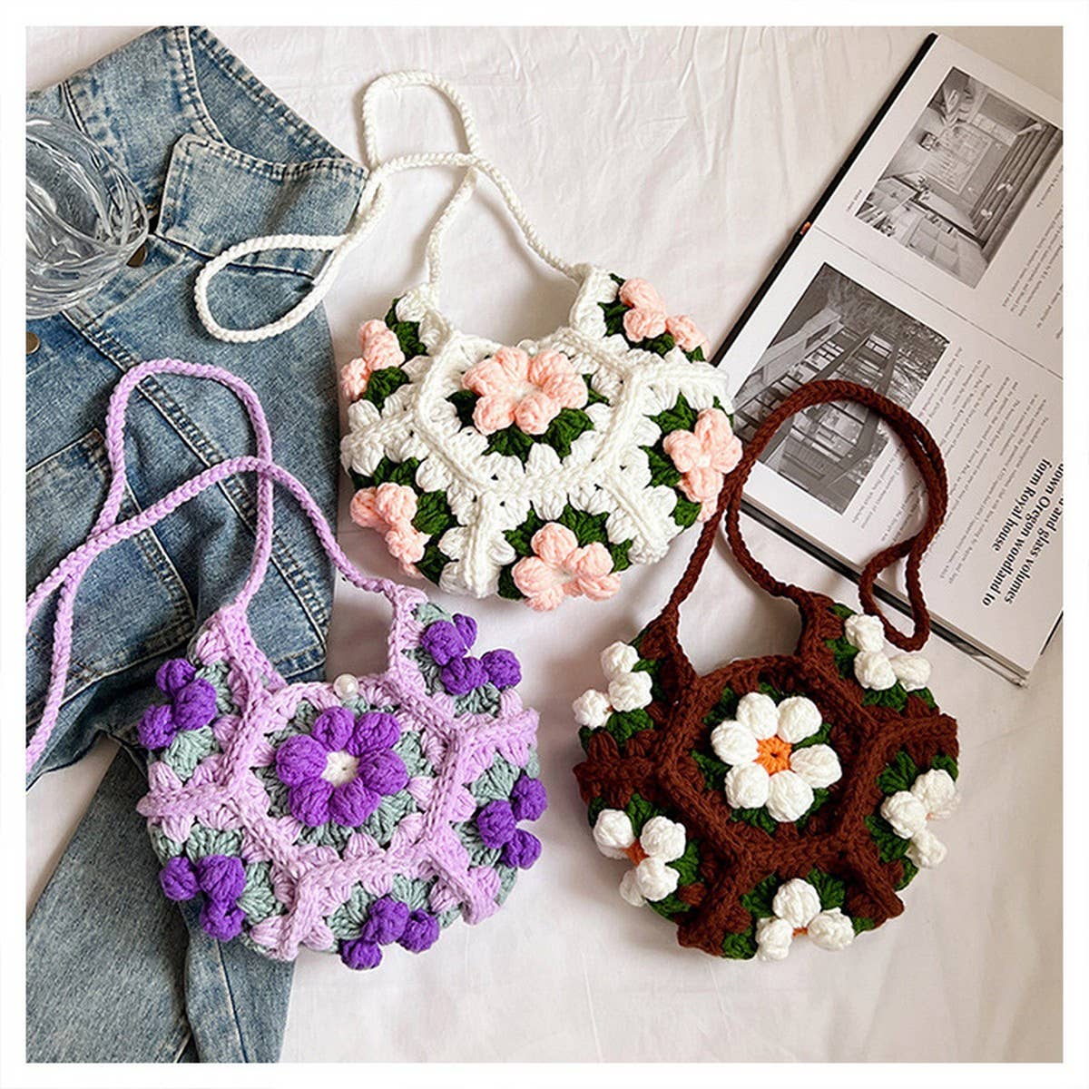 PUFF FLOWER SMALL FRESH HANDMADE CROCHETED BAG_CWAB2405