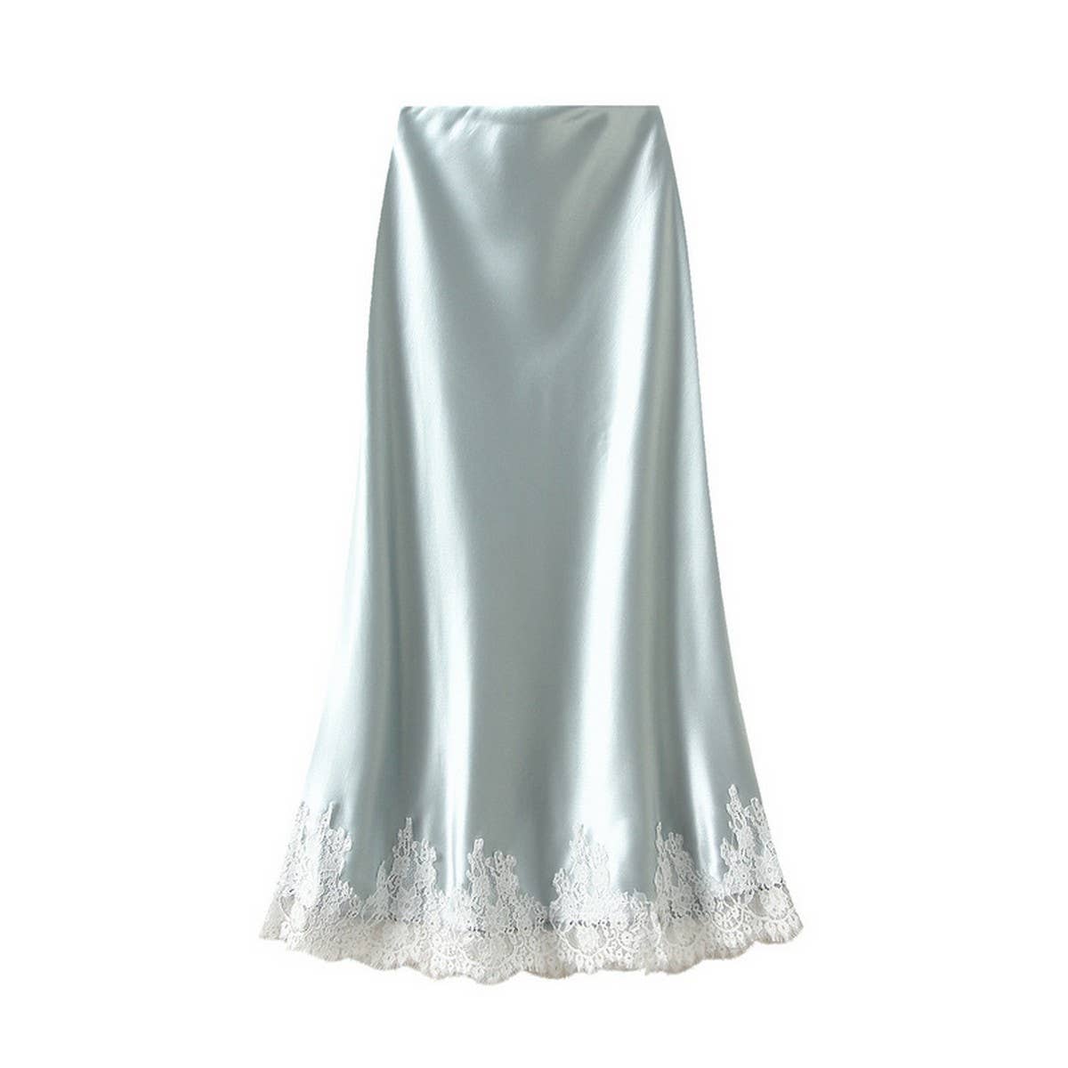 LACE TRIMMED SATIN A LINE MIDI SKIRT WITH DRAPING_CWBMS0327