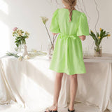 V-Neck Puffed Sleeve Cotton Linen Dress