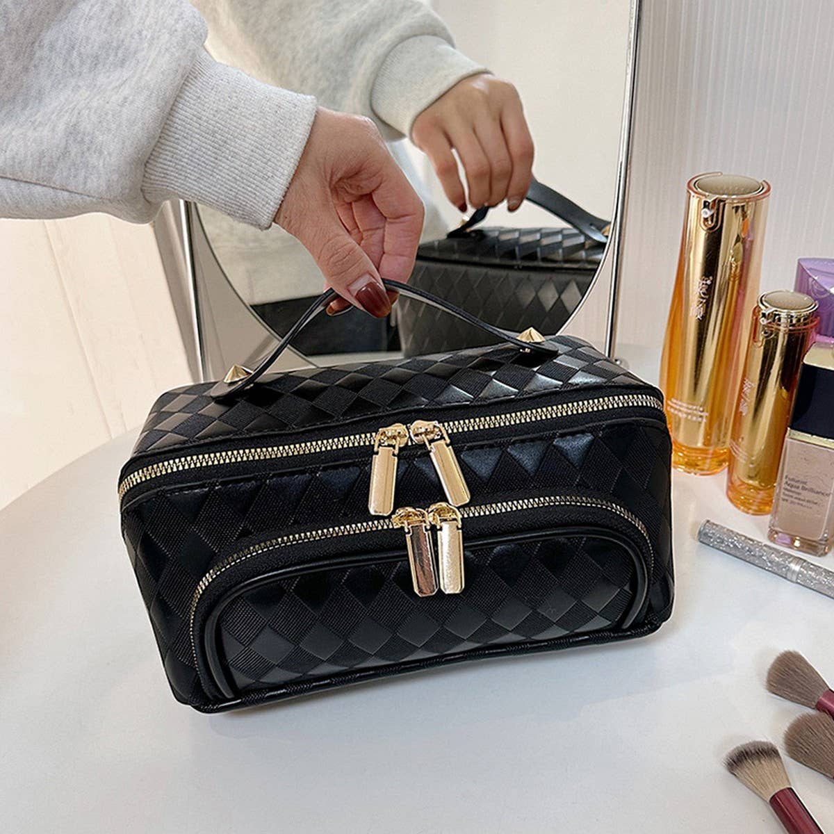 NEW PU LEATHER DIAMOND PATTERN COSMETIC BAG_CWAB4424