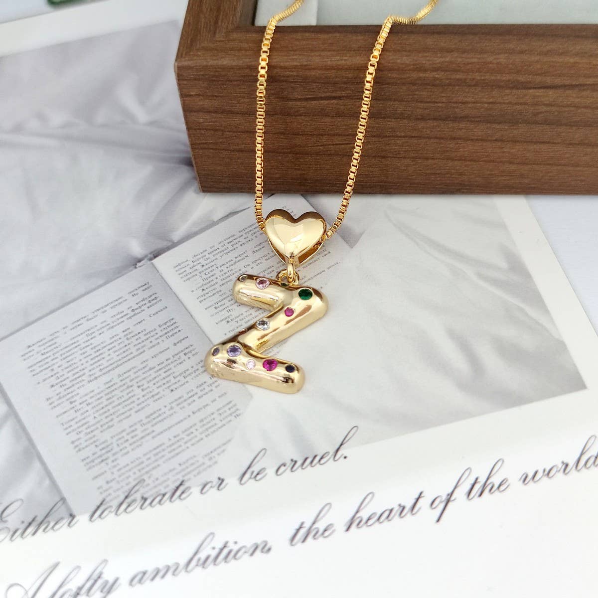 COLORFUL ZIRCONIA HEART LETTER PENDANT NECKLACE_CWMM5875