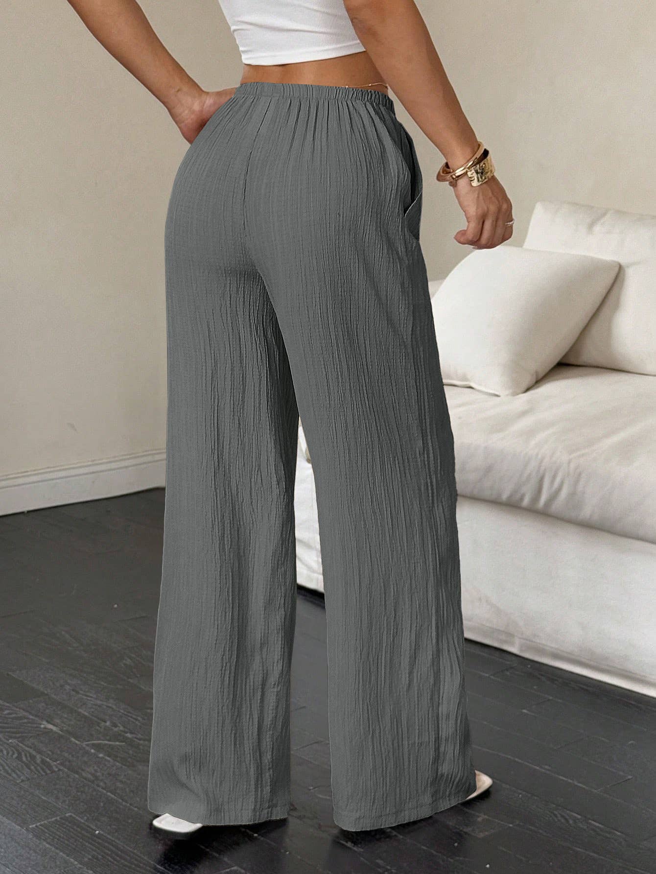 Solid-Color Textured Drawstring Wide-Leg Pants