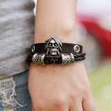 NEW BEADED SKULL BRAIDED LEATHER BRACELET_CWMM4519