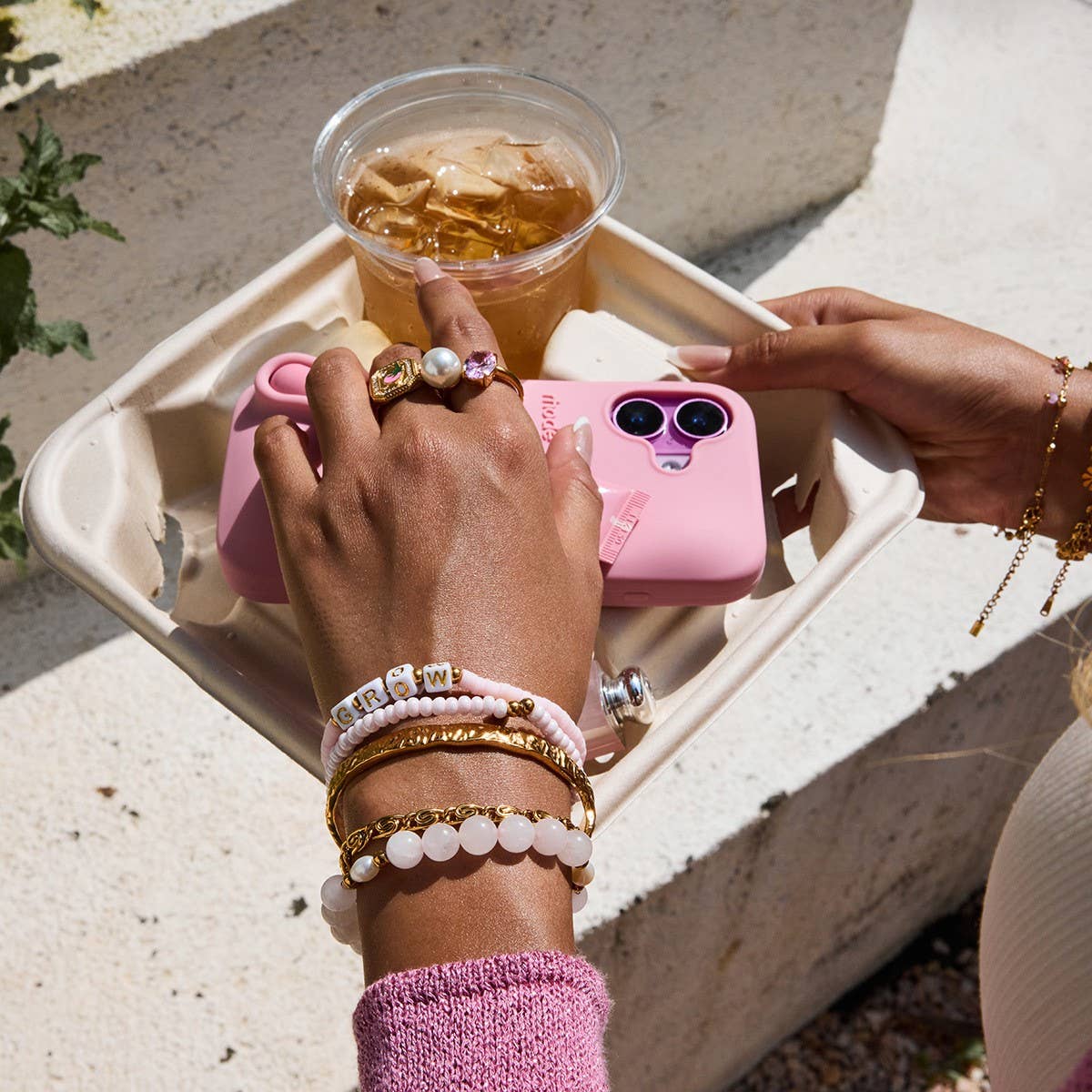 18K GOLD PINK QUARTZ PEARL STEEL BEAD BRACELET_CWAJE4779