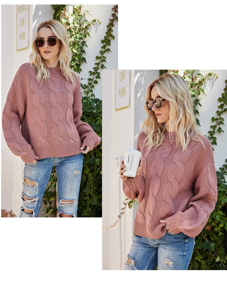 Solid Color Twisted Floral Half Turtleneck Sweater