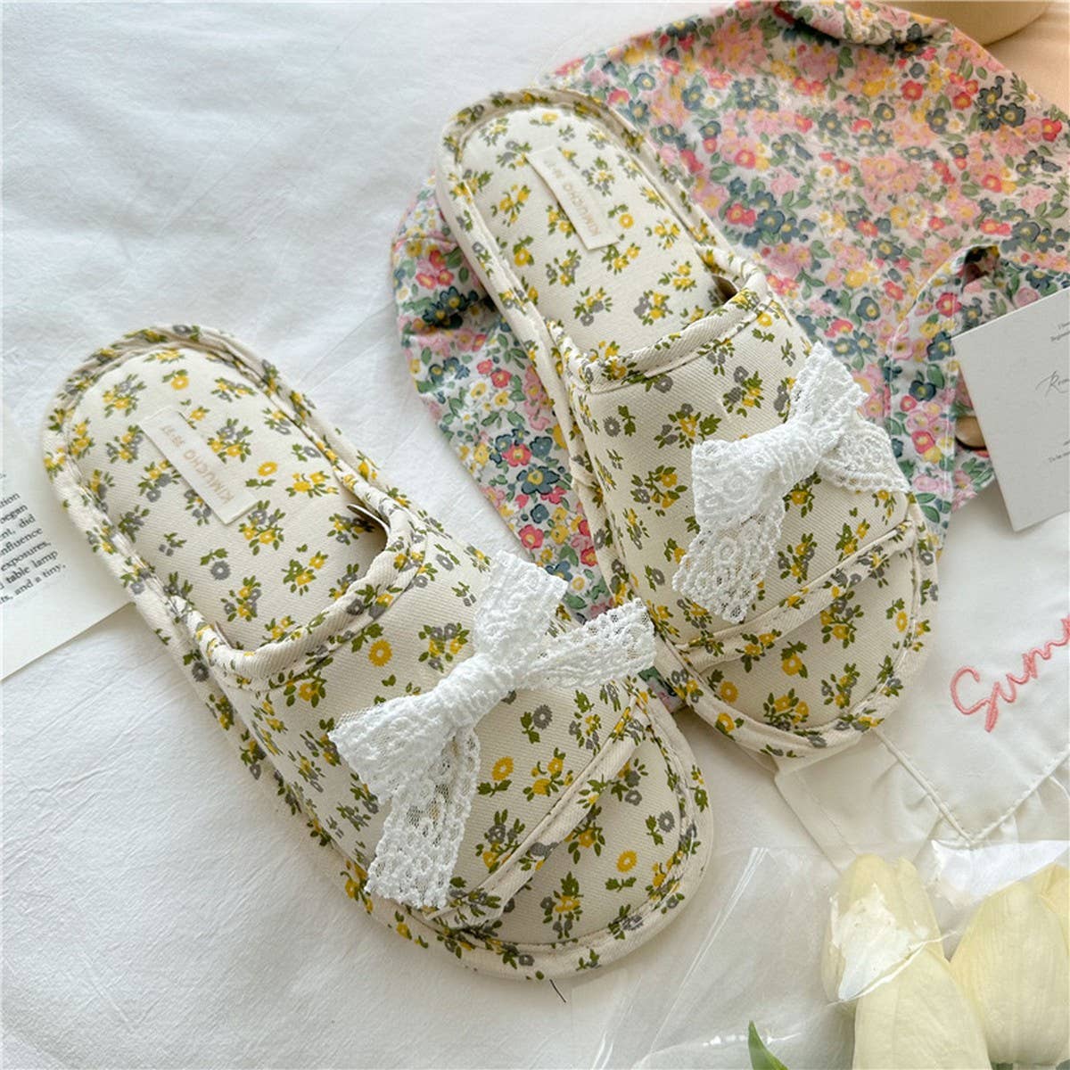 LACE BOW SMALL FLORAL THICK SOLED HOME SLIPPERS_CWMM2983