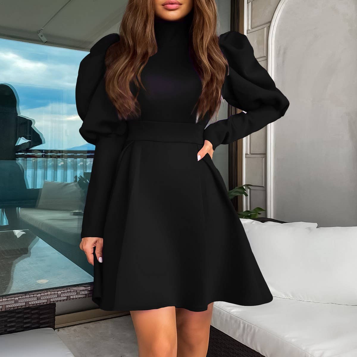 TEMPERAMENT HIGH COLLAR SLIM WAIST A LINE DRESS_CWDSD6086