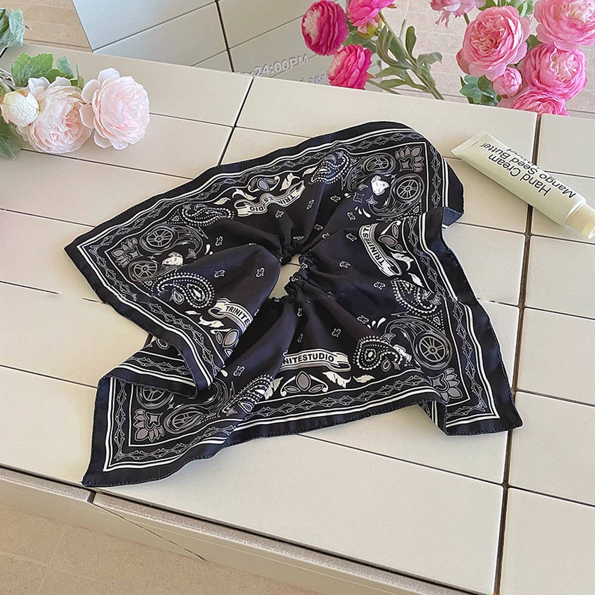 Vintage Paisley Denim Blue Bandana Hair Tie