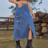 Wome Casual Denim Midi Skirt Elastic Waist_Cwjsk0204