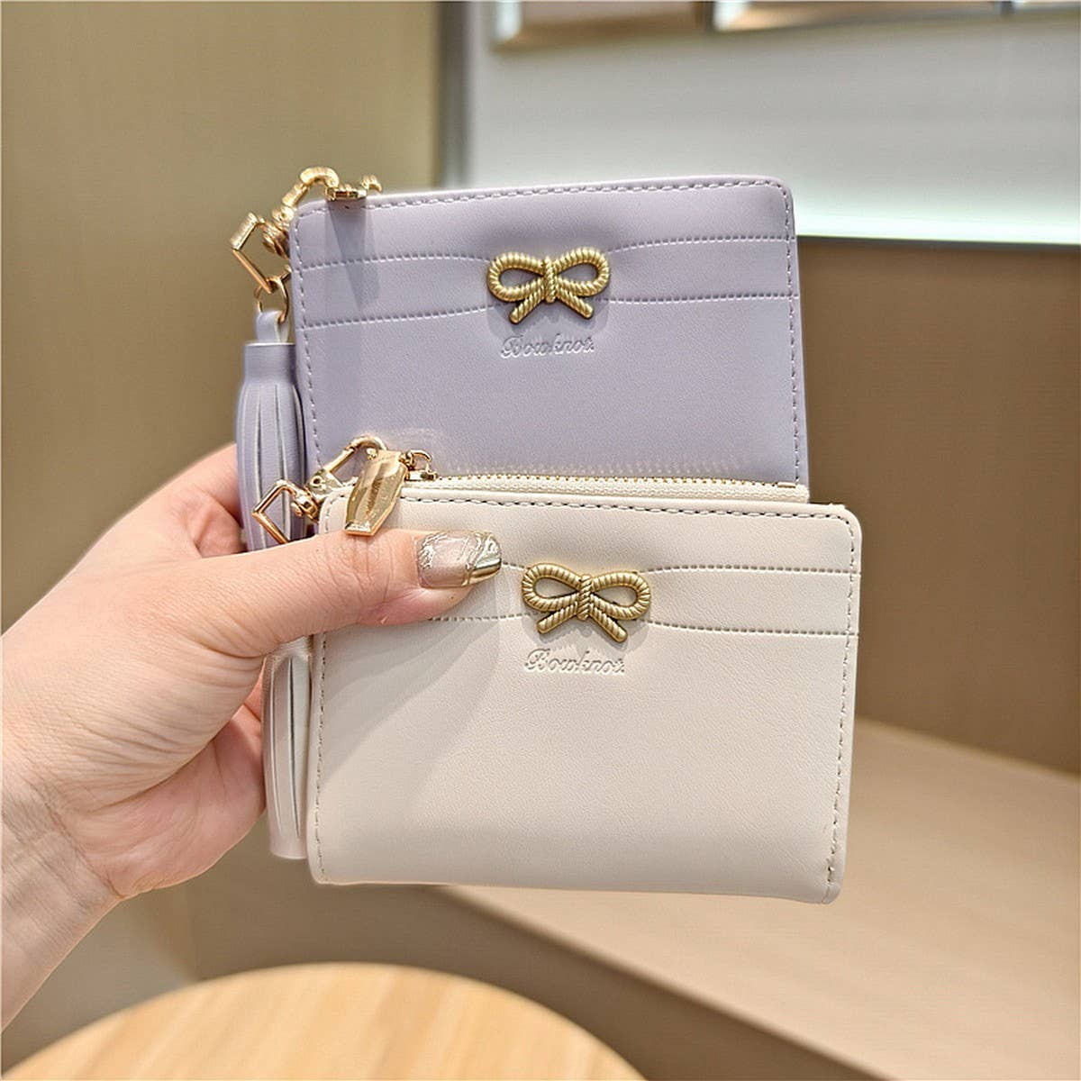 New Simple Solid Color Bow Tassel Zipper Wallet_Cwab06254