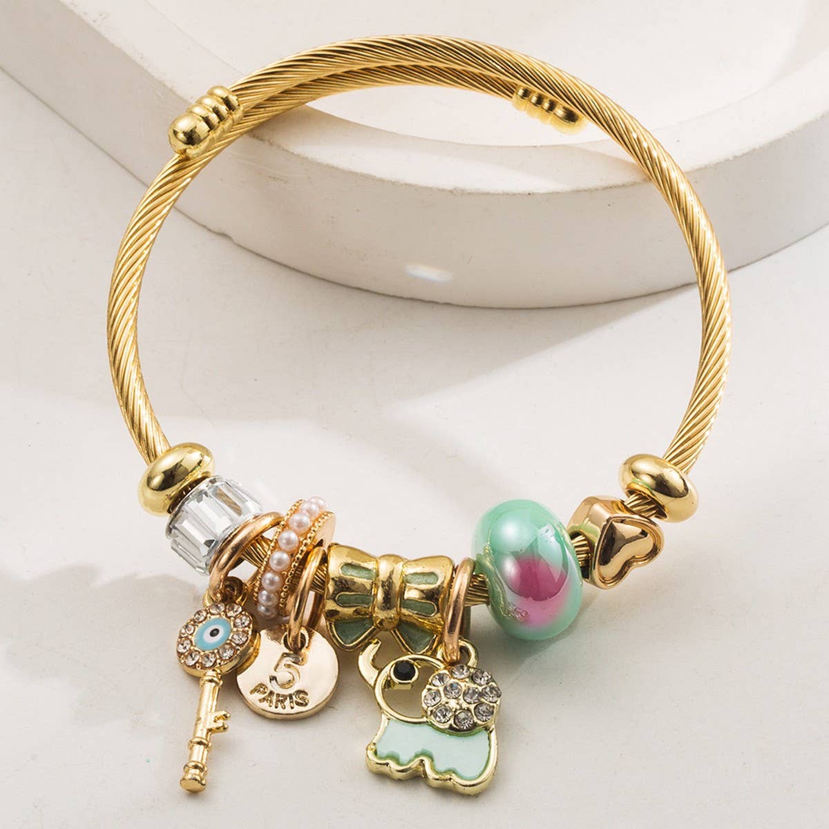 PERSONALIZED ELEPHANT CHARM TITANIUM BRACELET_CWMM8607