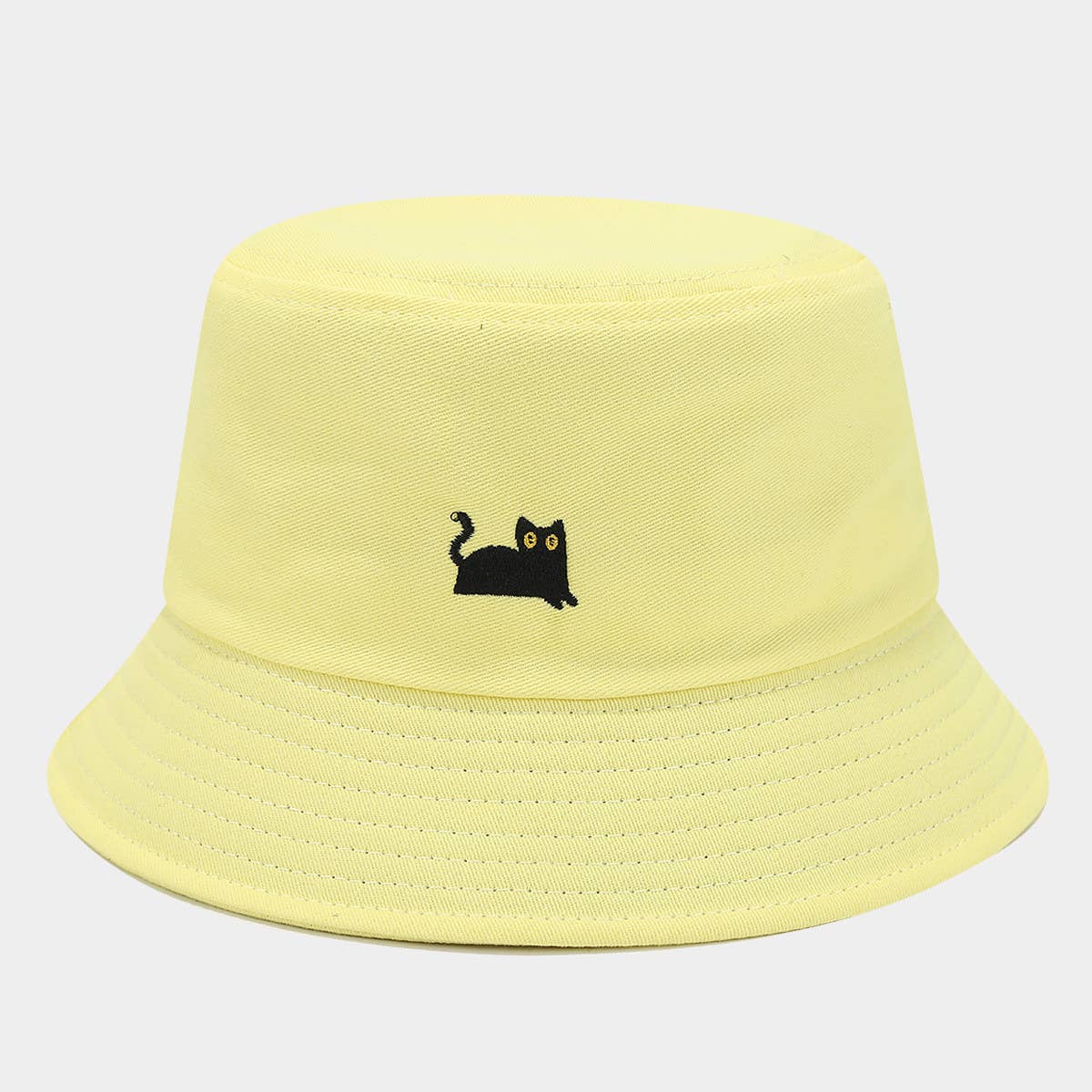 MACAROON COLORED BLACK CAT EMBROIDERED BUCKET HAT_CWAH1631