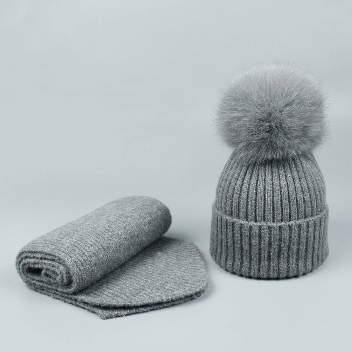 Winter Knit Hat Scarf Set With Fox Fur Pom Beanie_Cwah05044