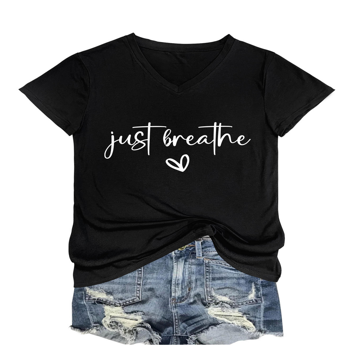 CUTE HEART LETTER PRINT V NECK TEE FOR WOMEN_CWTTS1482