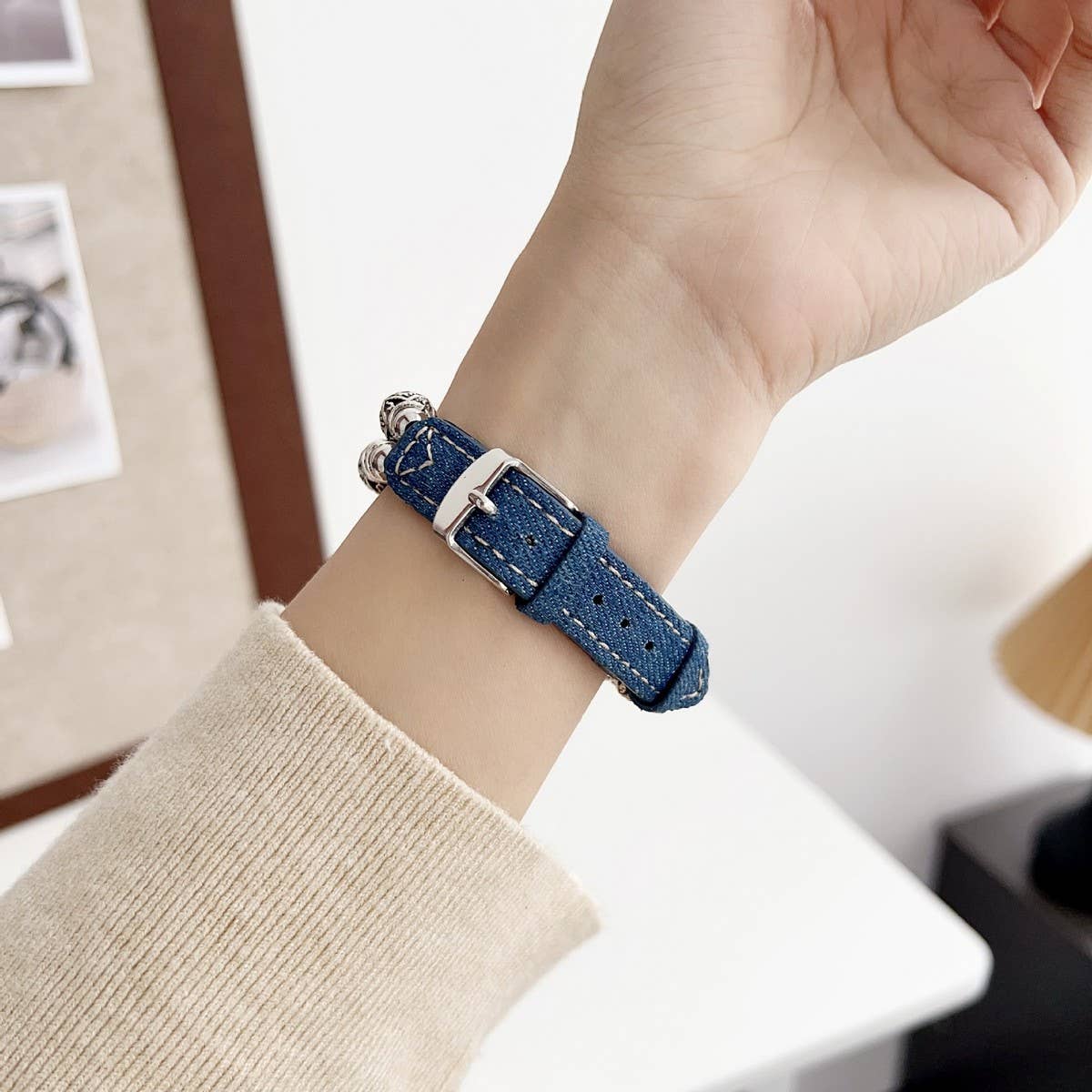 IWATCH9 1 14MM TIBETAN SILVER DENIM LEATHER STRAP_CWASC1544