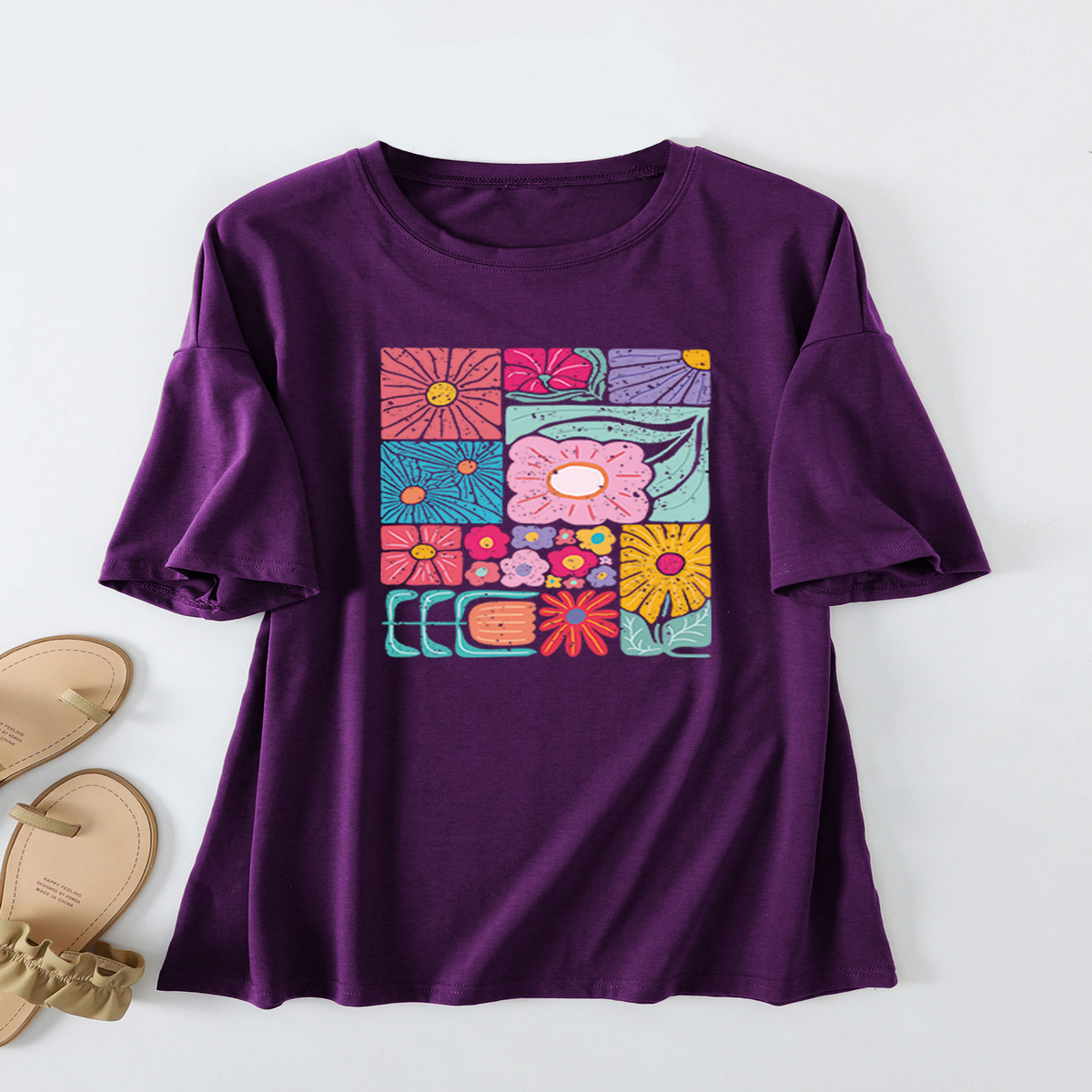 Womens Loose Fit Tee With Colorful Flowers_Cwtts1466