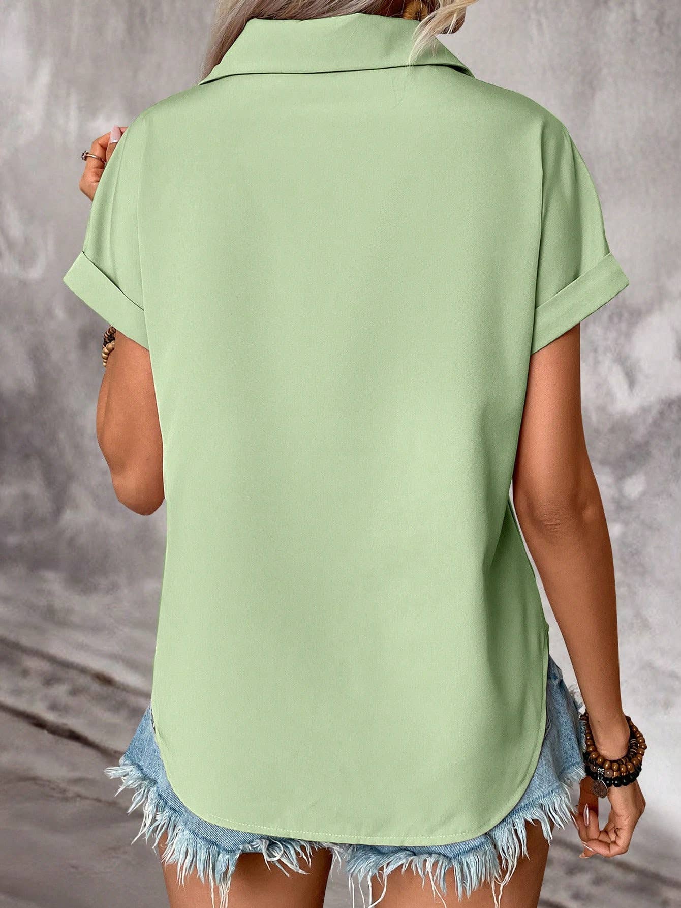 Womens Solid Buttoned Collar Pocket Raglan Tee