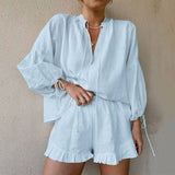 Solid Color V-Neck Top Shorts Cotton Linen Suit