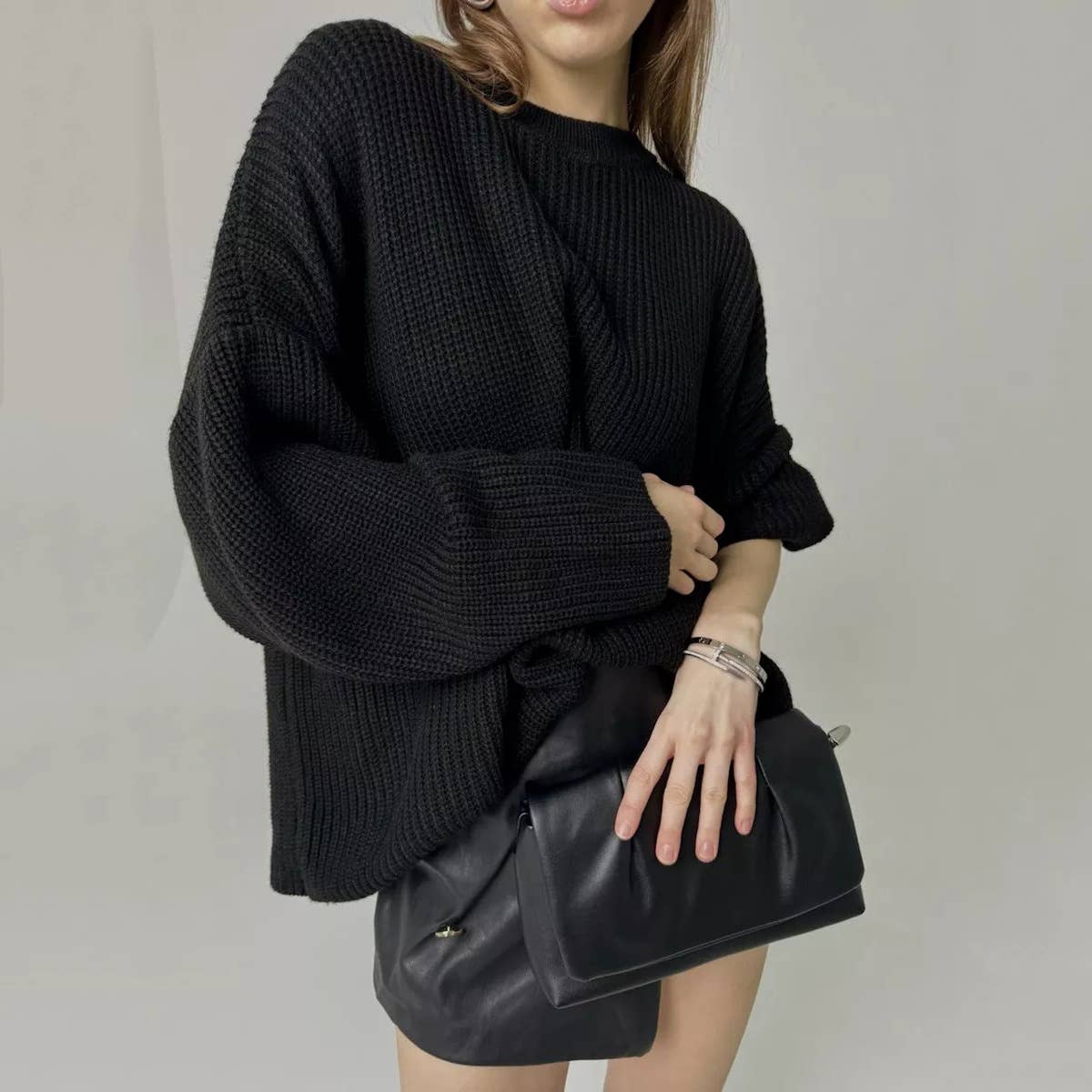 Solid Color Crew Neck Loose Knit Sweater