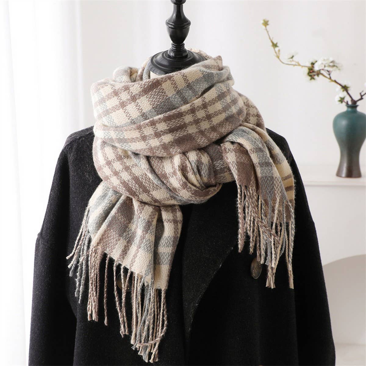 PLAID CASHMERE LIKE SCARF WITH FRINGE FOR WINTER_CWASC1443