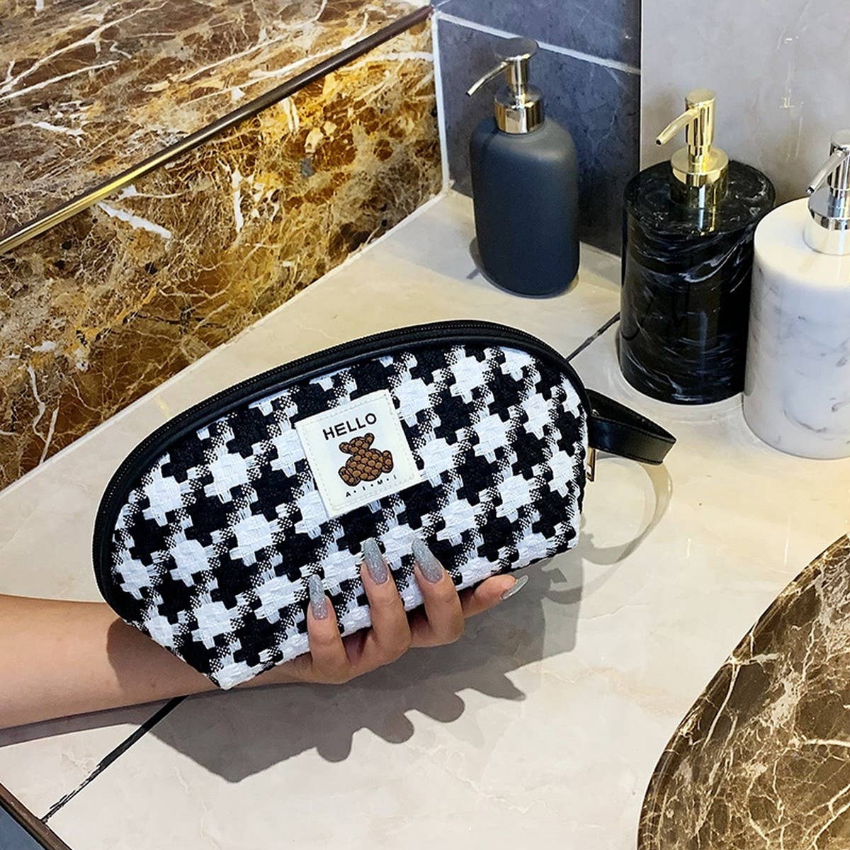 HOUNDSTOOTH HALF CIRCLE CLUTCH COSMETIC BAG_CWAB4450