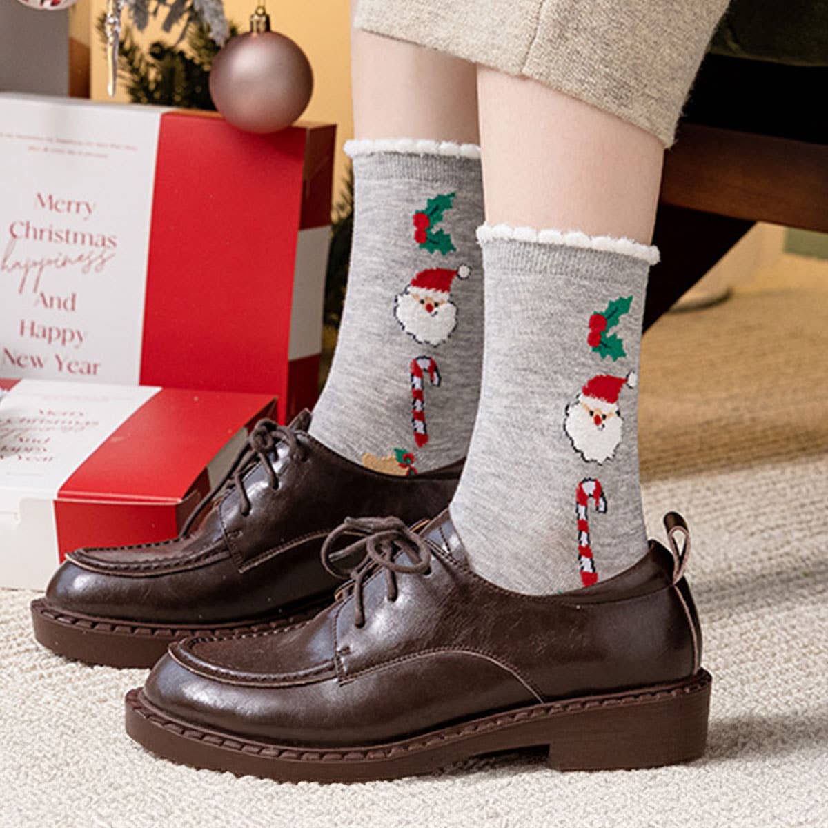 SANTA CLAUS ELK PATTERN CREW SOCKS FOR CHRISTMAS_CWMS0904