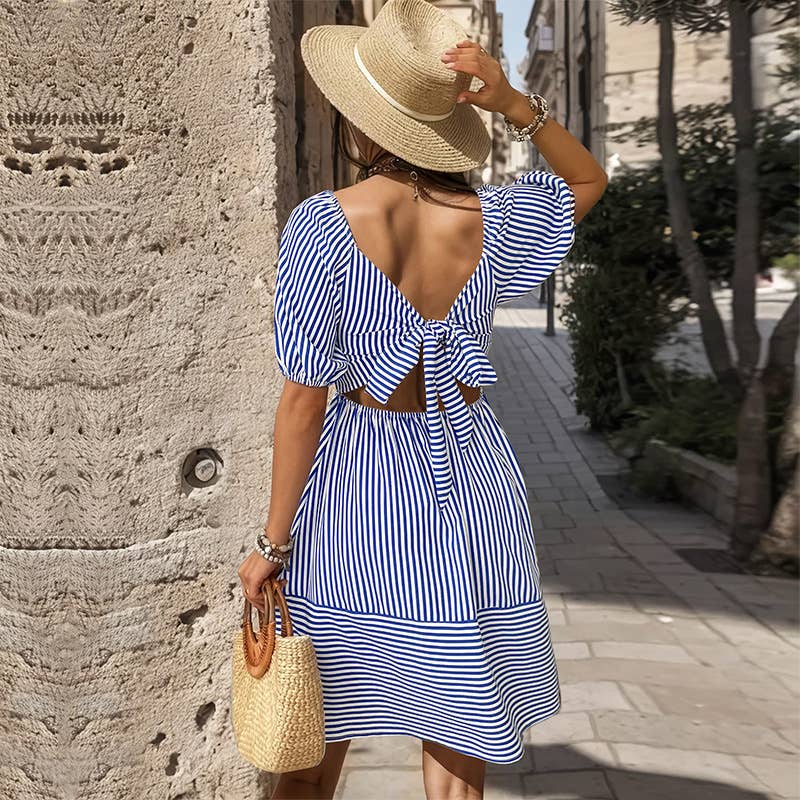 Striped Lapel Halter Dress With Puffy Sleeves