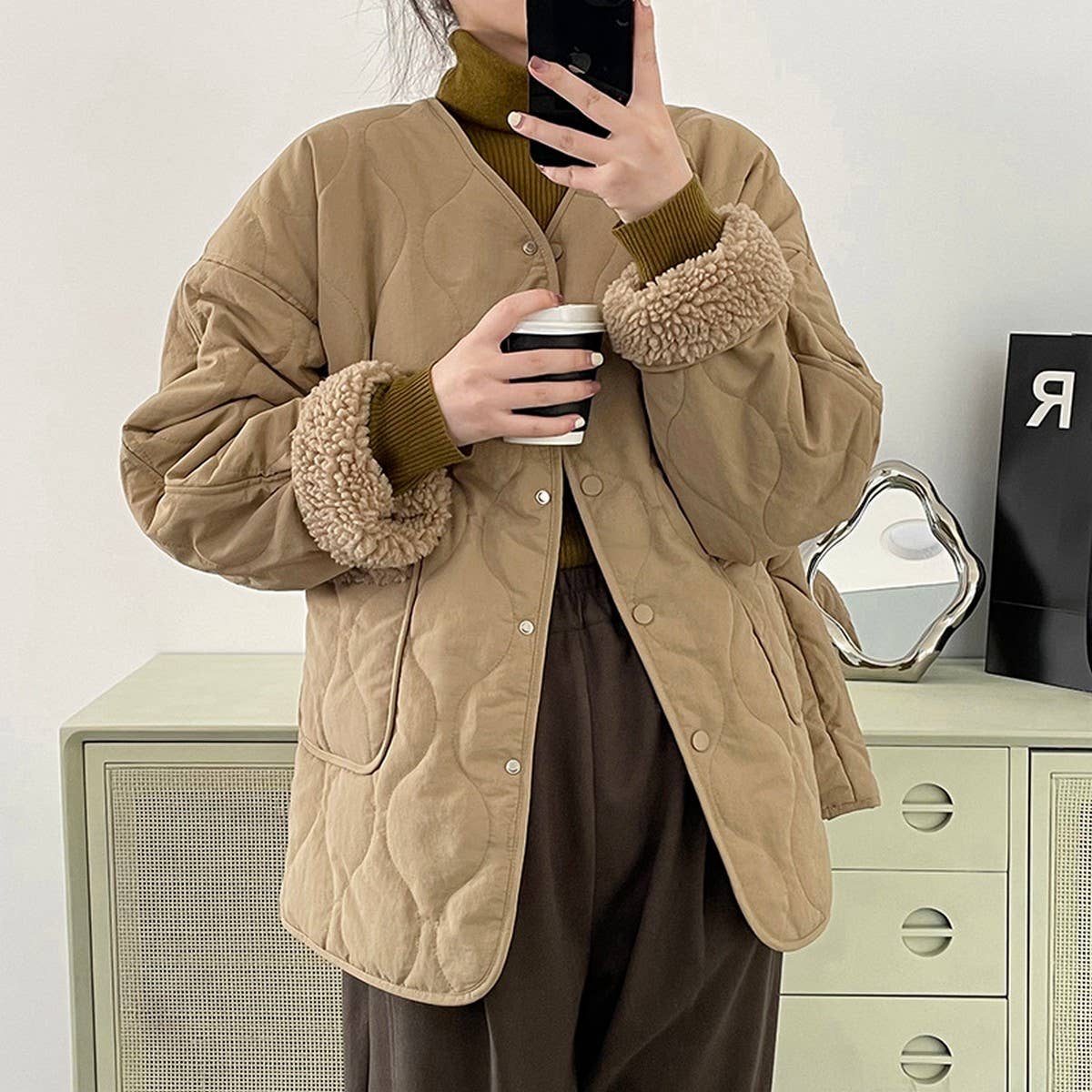 V Round Neck Spliced Lamb Wool Padded Jacket